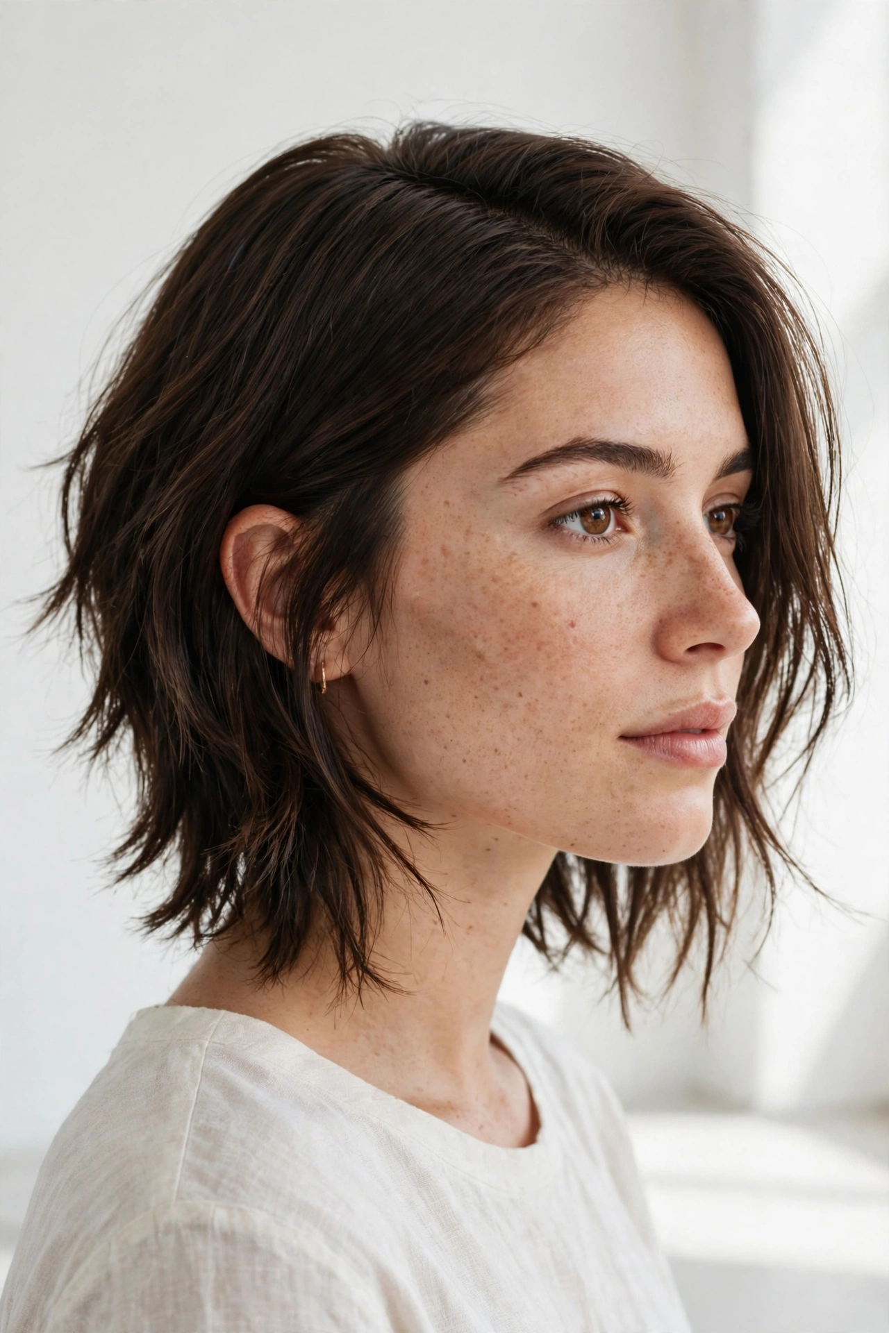 woman with sleek wolf cut, smooth crown and textured tapered ends, bright minimal studio, soft diffused lighting, three-quarter angle