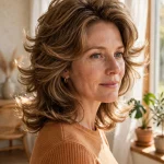 woman with classic feathered 70s haircut, voluminous crown layers and flicked ends, bright sunlit room with warm natural light, three-quarter angle