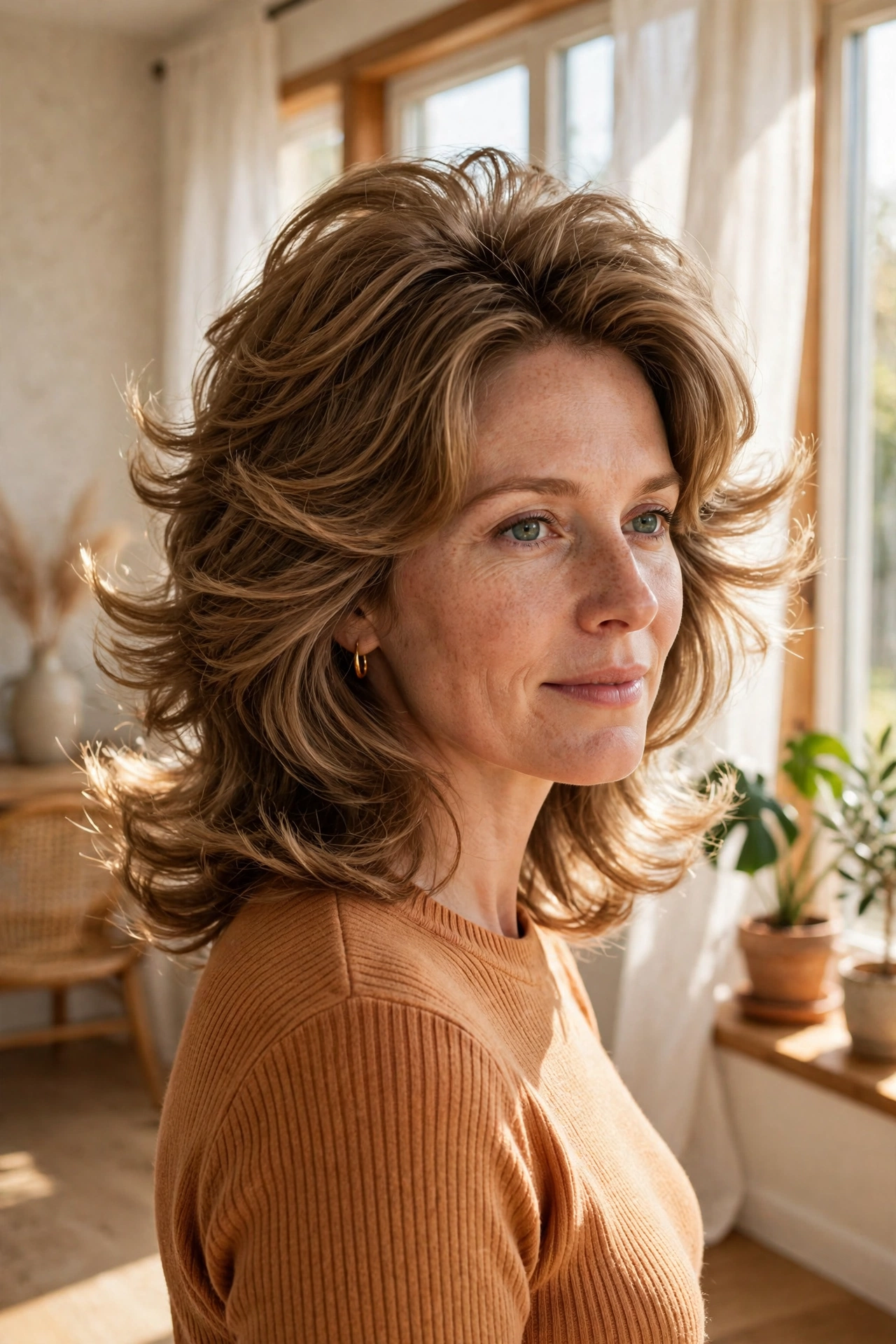 woman with classic feathered 70s haircut, voluminous crown layers and flicked ends, bright sunlit room with warm natural light, three-quarter angle