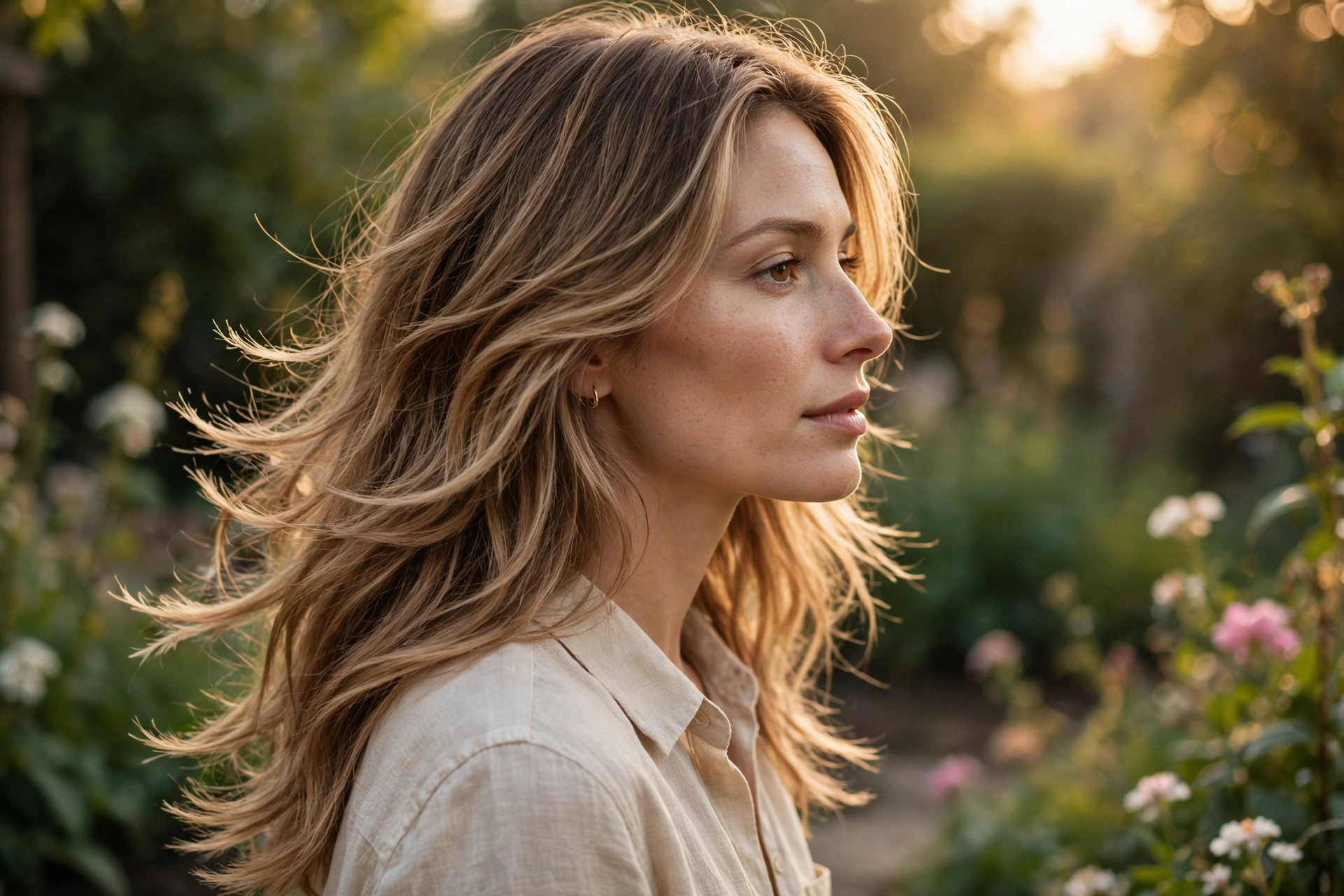 woman with long feathered layers, outdoors soft golden daylight garden, airy flicked ends past shoulders, side eye level
