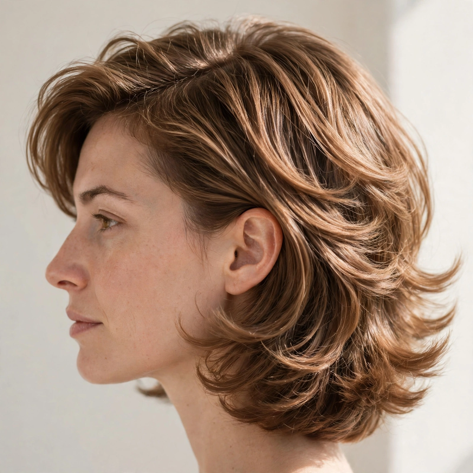 close-up side view of woman with medium feathered cut, flicked layers, rounded voluminous shape, light neutral background, soft daylight
