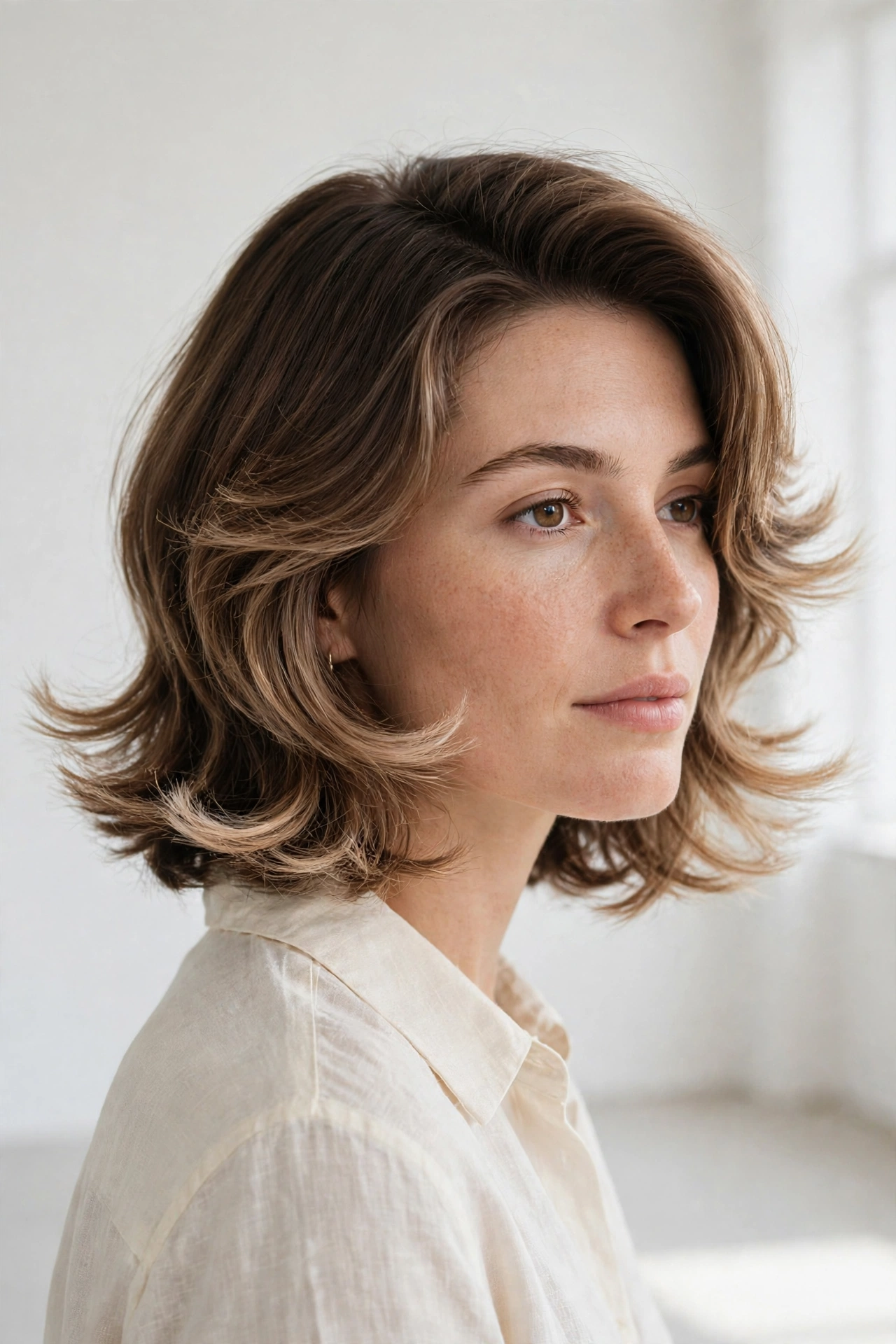 woman with modern retro feathered cut, sleek roots and airy feathered ends, bright minimal studio, soft diffused lighting, three-quarter angle
