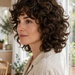 woman with classic curly shag, rounded bouncy layers and defined curls, bright airy room with natural window light, three-quarter angle