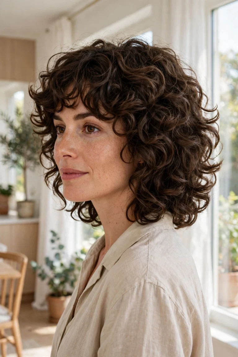 woman with classic curly shag, rounded bouncy layers and defined curls, bright airy room with natural window light, three-quarter angle