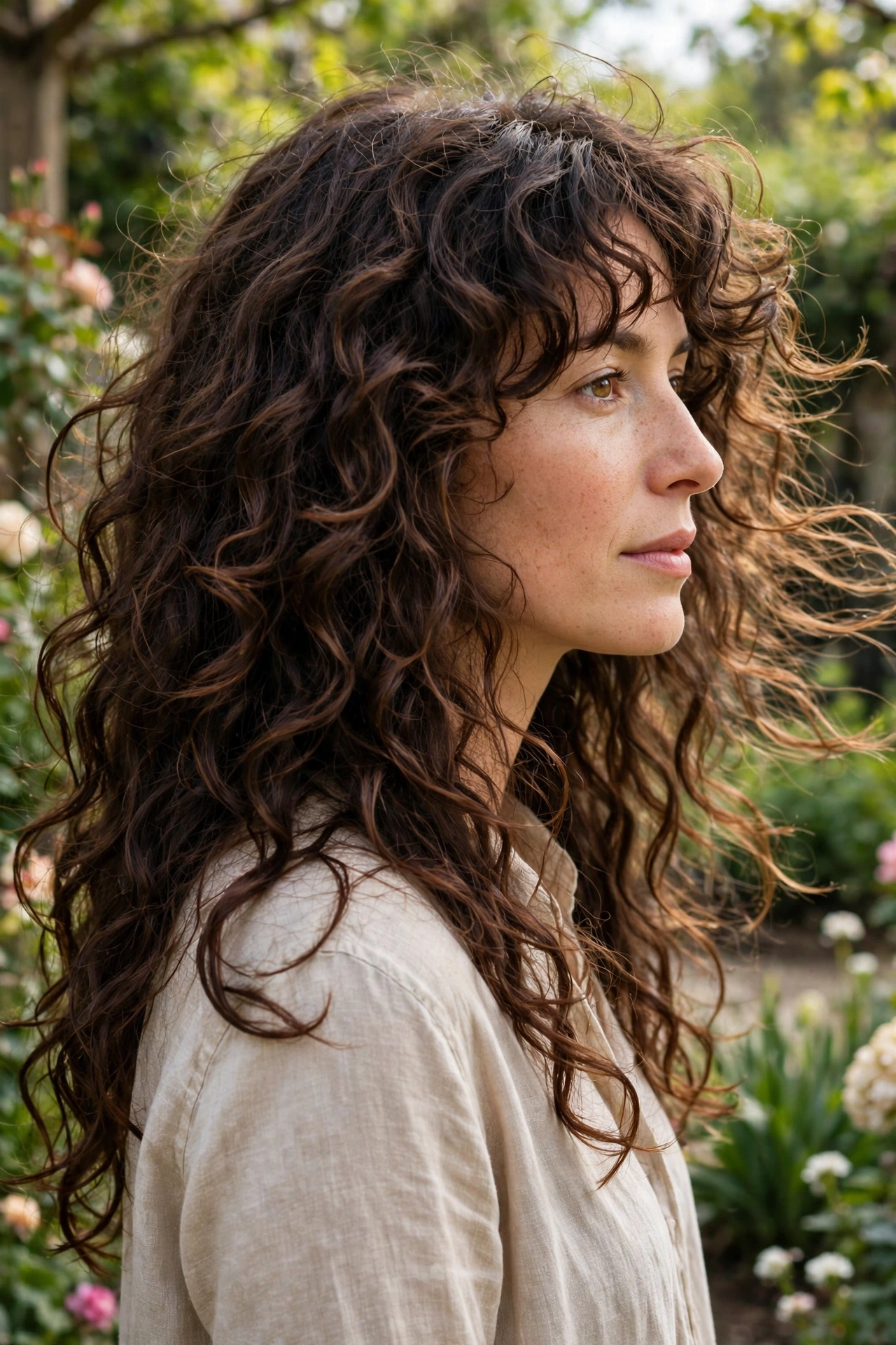 woman with long curly shag, outdoors soft daylight garden, layered curls past shoulders, spring and movement, side eye level