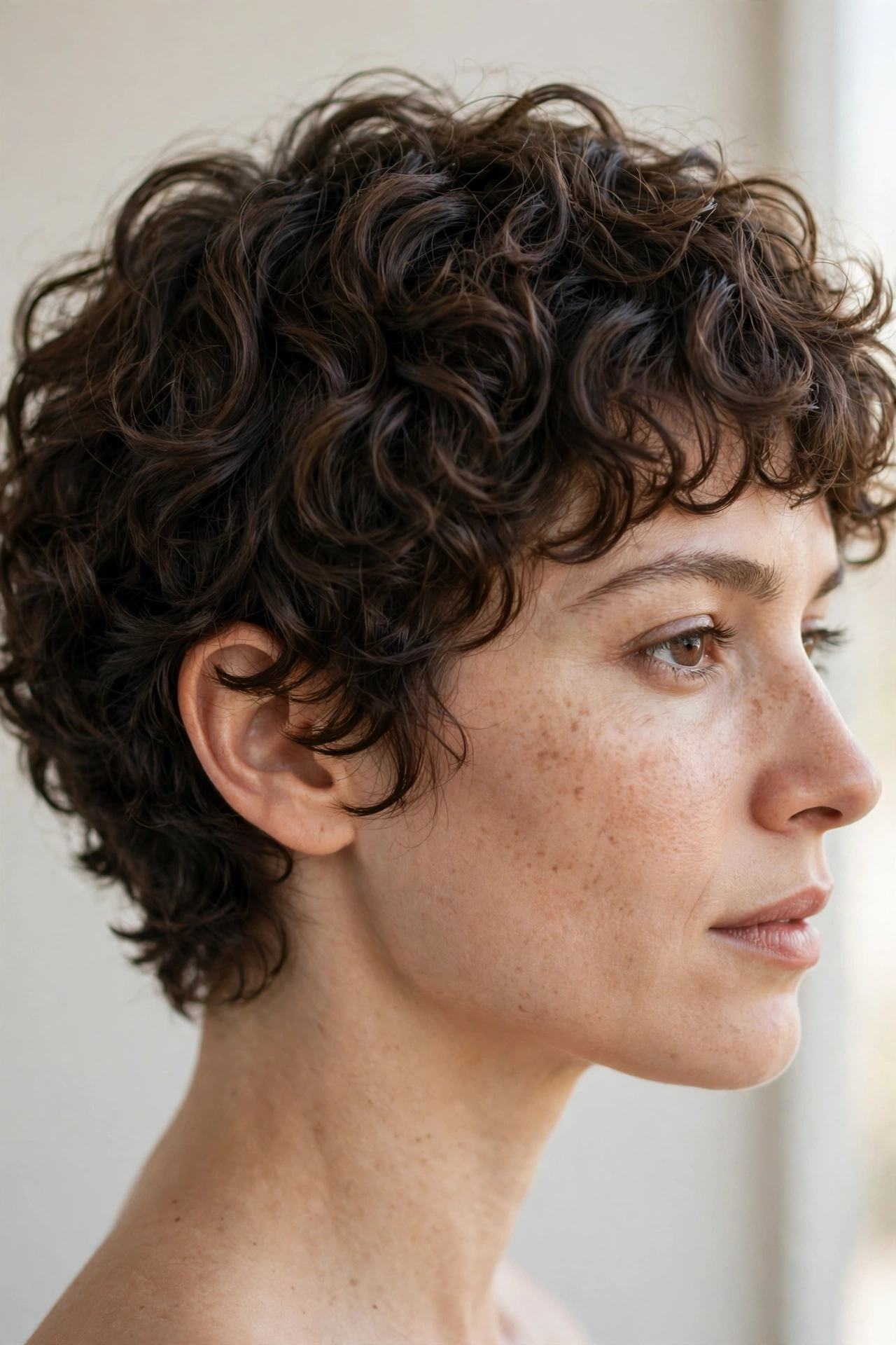 close-up side view of woman with short curly shag, tight defined curl layers, rounded silhouette, light neutral background, soft daylight