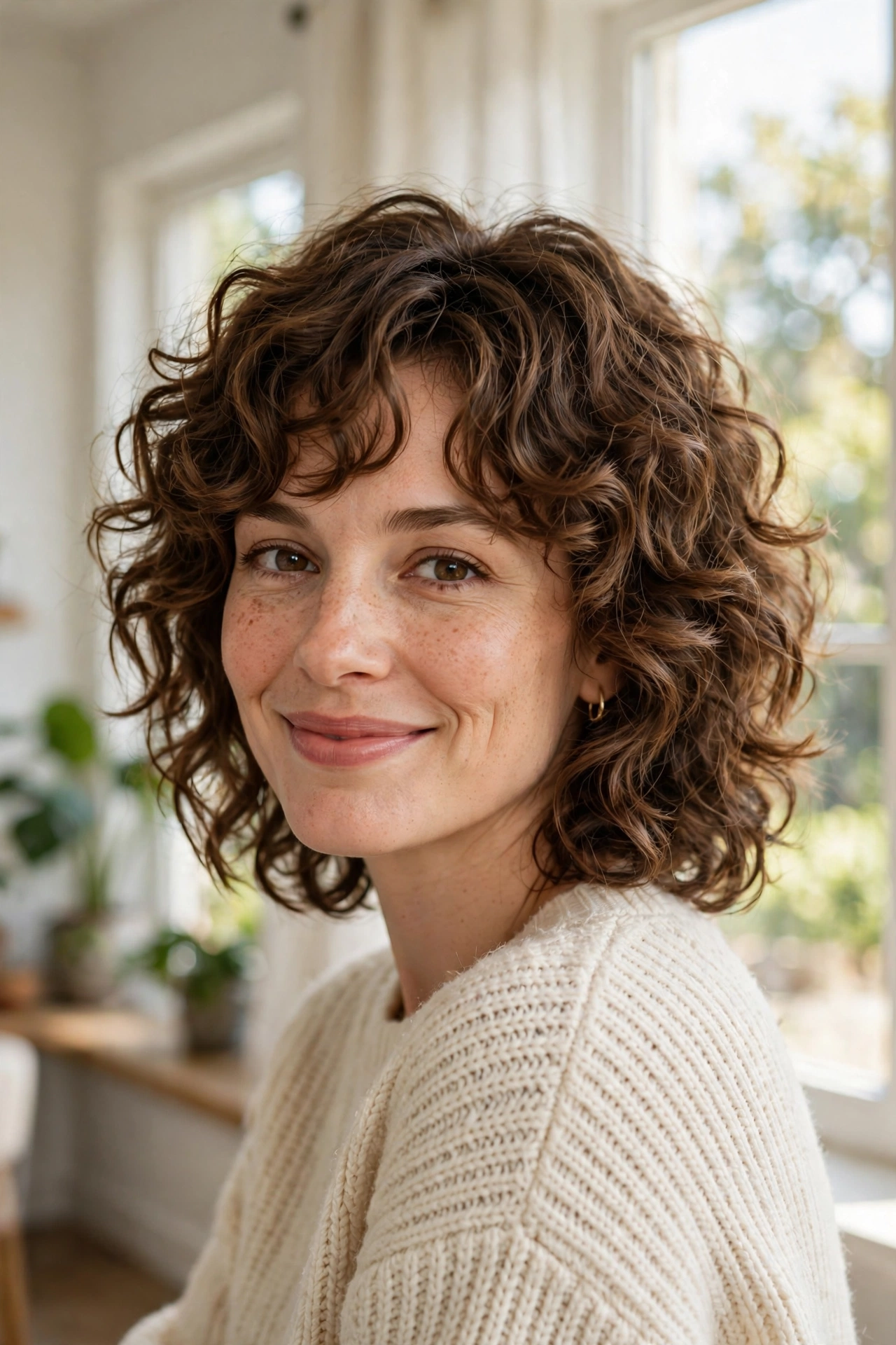 woman with medium curly shag smiling softly, indoors near large bright window, soft defined curls and layered bounce, front three-quarter angle