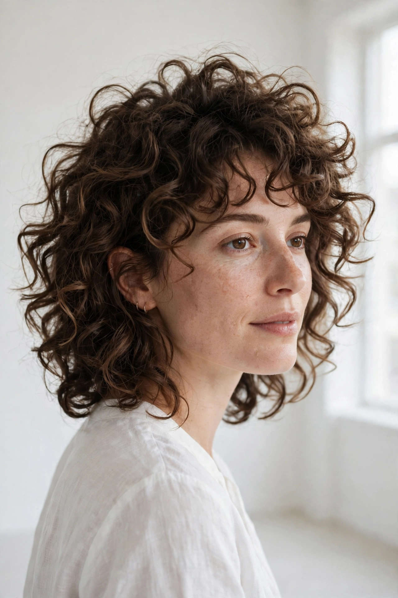 woman with curly shag with crown volume and face-framing curls, bright minimal studio, soft diffused lighting, three-quarter angle