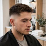 young adult man with classic low fade and short textured top, bright modern barbershop, three-quarter angle, natural daylight