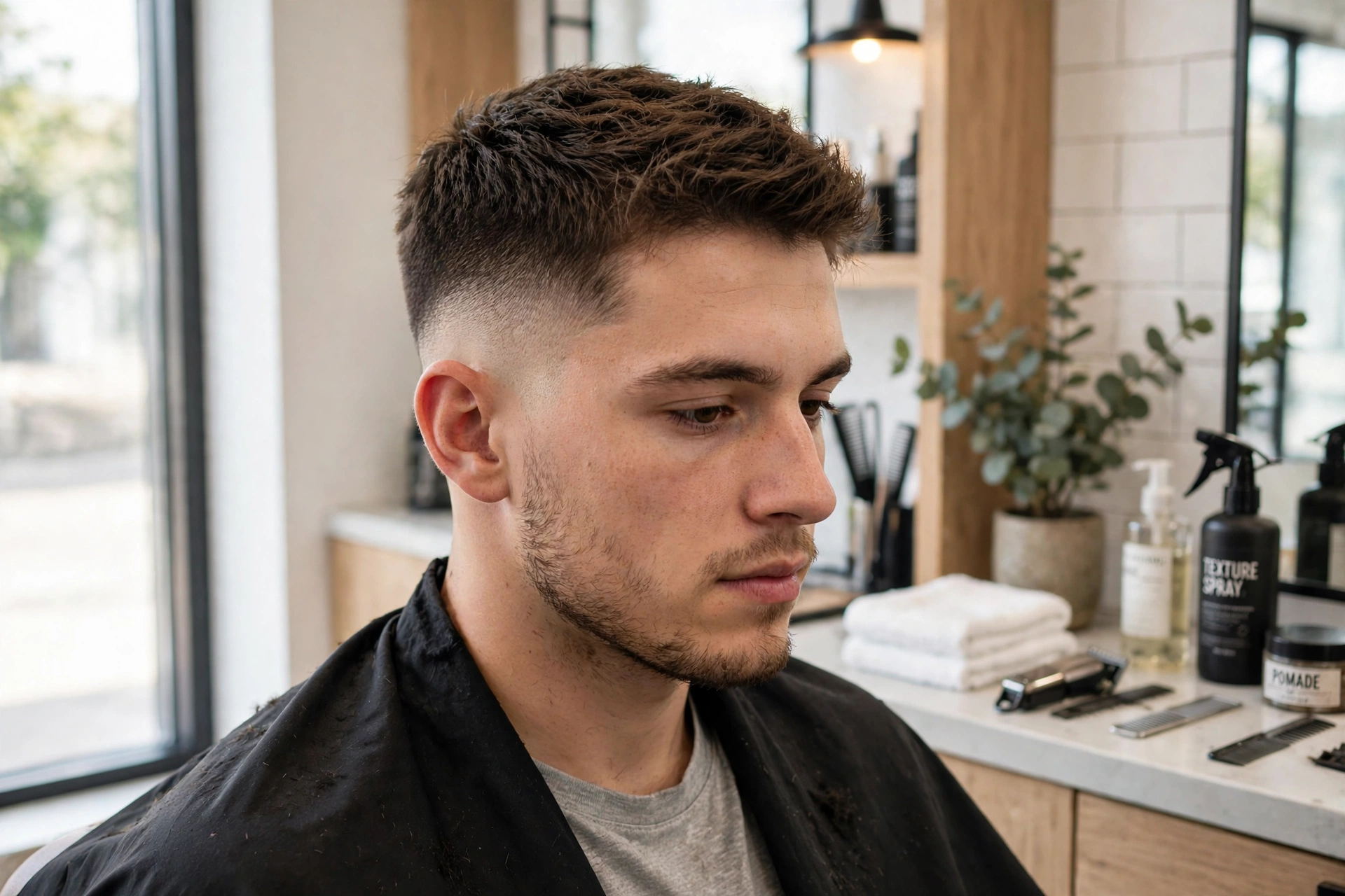 young adult man with classic low fade and short textured top, bright modern barbershop, three-quarter angle, natural daylight