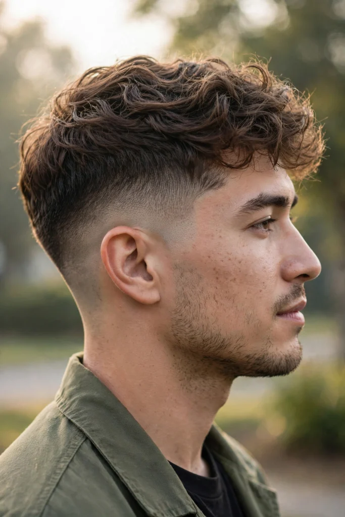 man with wavy hair, low taper fade with textured top, outdoors soft morning light, side profile showing smooth blend above ear