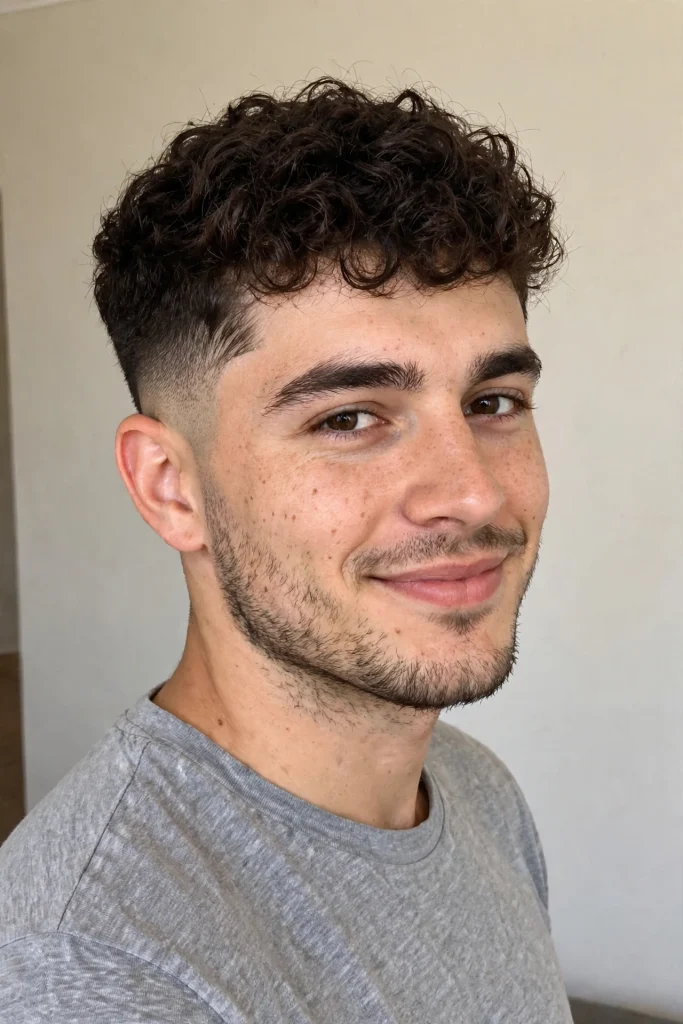 man with curly hair and low fade, smiling slightly, indoors plain light wall, front three-quarter view, bright even lighting