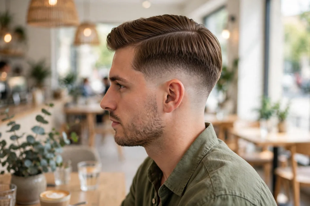 man with side part and low fade, casual shirt, bright cafe, side view showing part and faded sides
