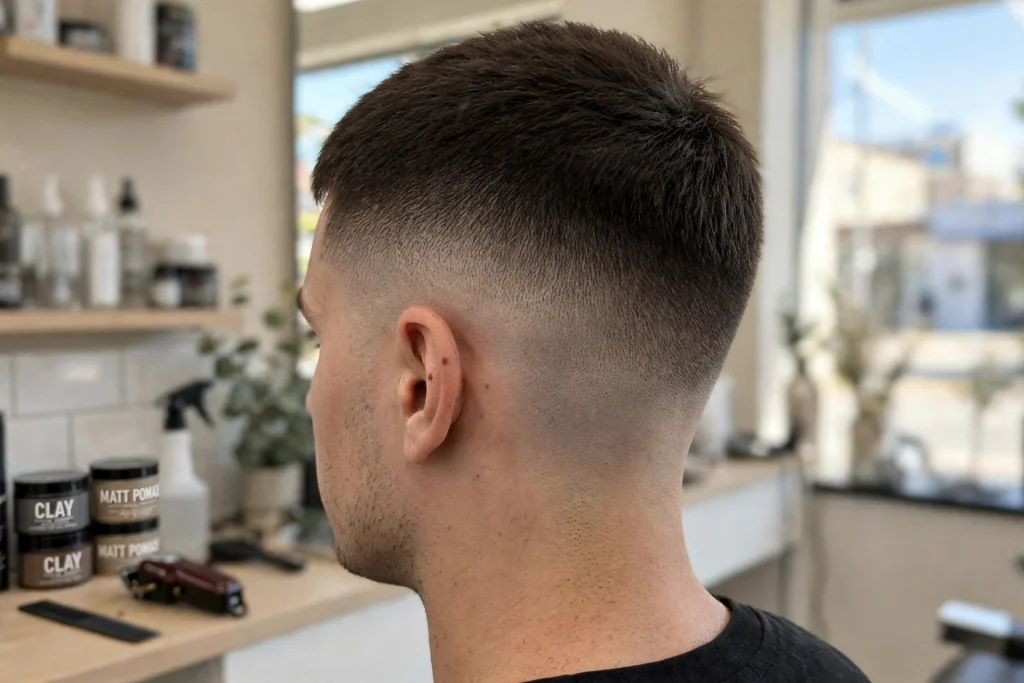 close-up back and side view of man with low drop fade and short top, bright barbershop, daylight, curved fade line behind ear