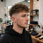 young adult man with messy textured crop and faded sides, bright modern barbershop, front three-quarter view, natural daylight