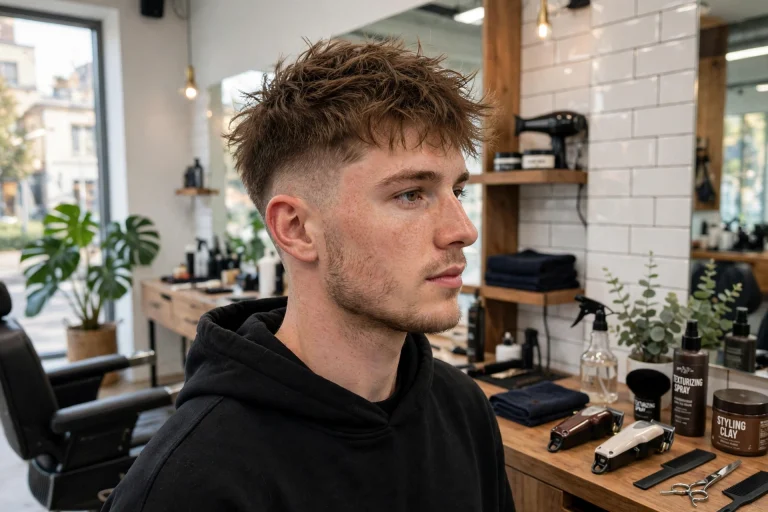 young adult man with messy textured crop and faded sides, bright modern barbershop, front three-quarter view, natural daylight