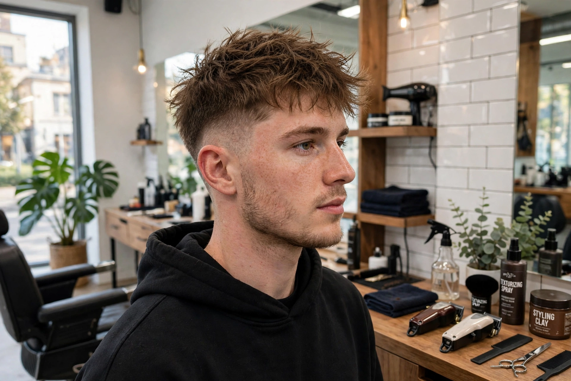 young adult man with messy textured crop and faded sides, bright modern barbershop, front three-quarter view, natural daylight