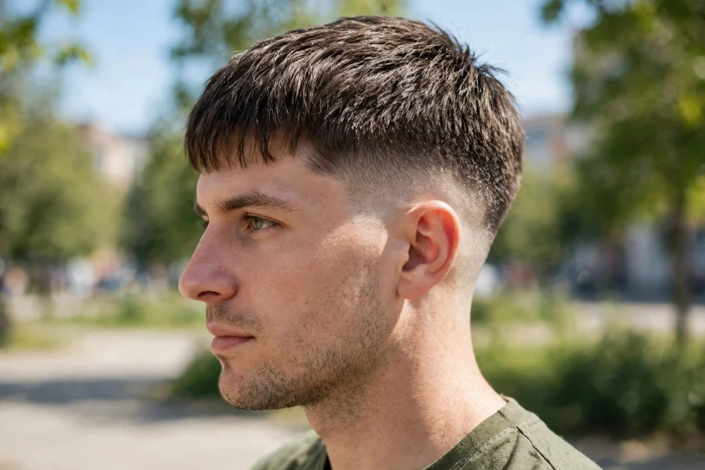 man with textured crop and short fringe, outdoors bright daylight, side view showing fade and forward fringe