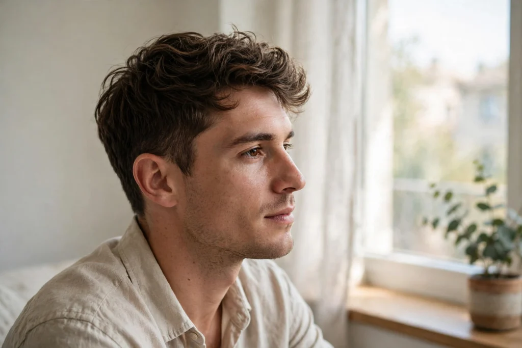 man with wavy hair in textured crop, sitting by bright window indoors, three-quarter view, soft natural light