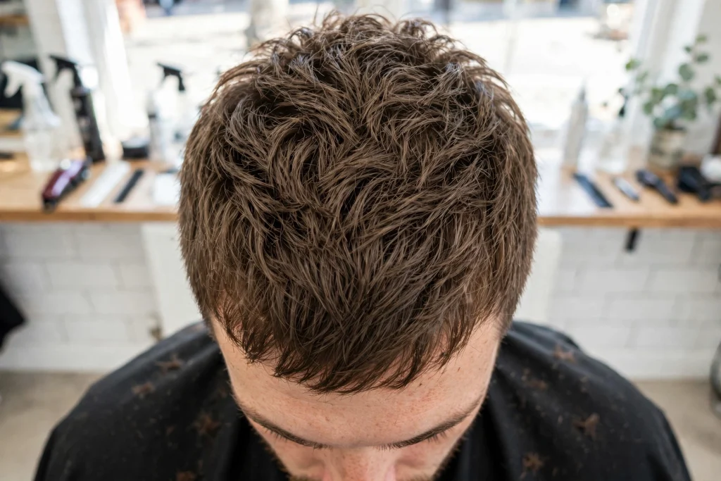 close-up top view of man with choppy textured crop, bright barbershop, daylight, layered texture on top