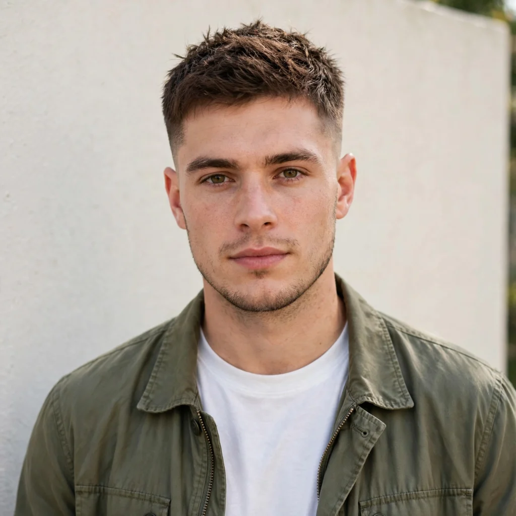 man with textured crop and tapered sides, casual jacket, outdoors light-coloured wall, front view, bright even lighting