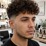 young adult man with voluminous natural curls on top and clean mid fade, bright modern barbershop, front three-quarter view, natural daylight