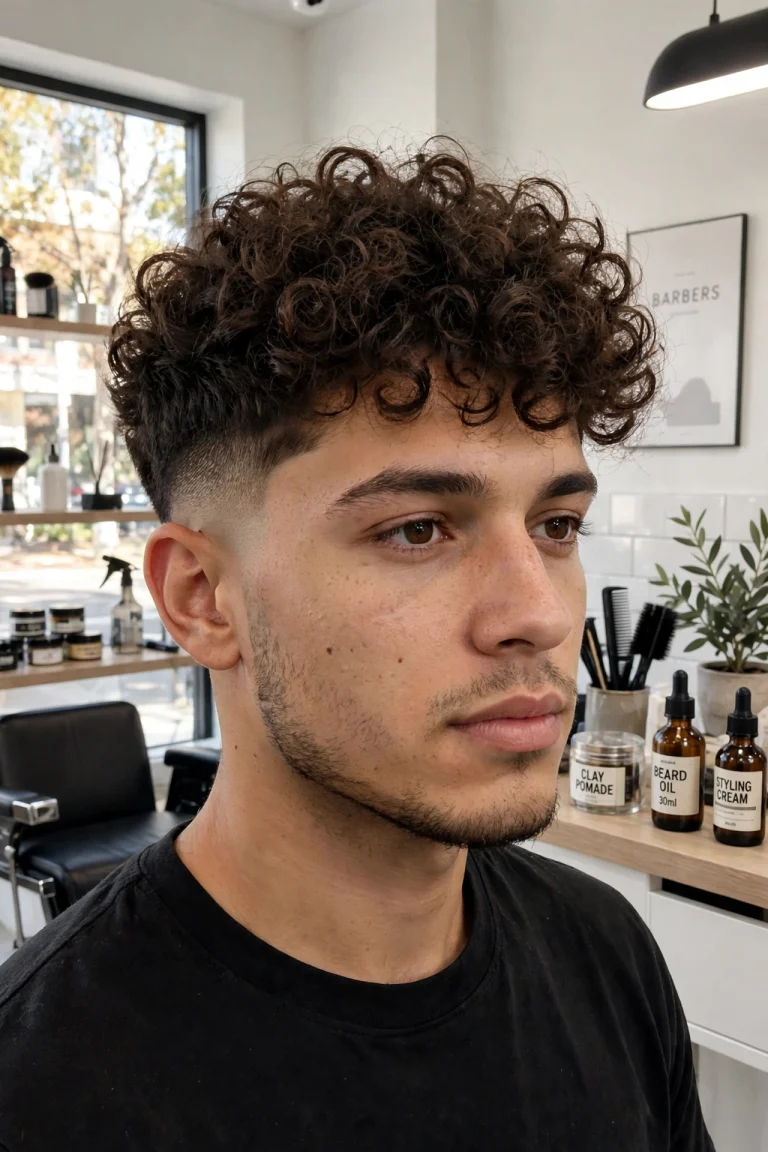 young adult man with voluminous natural curls on top and clean mid fade, bright modern barbershop, front three-quarter view, natural daylight