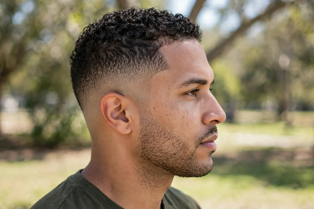 man with short defined curls and skin fade, outdoors bright daylight, side view showing fade blend