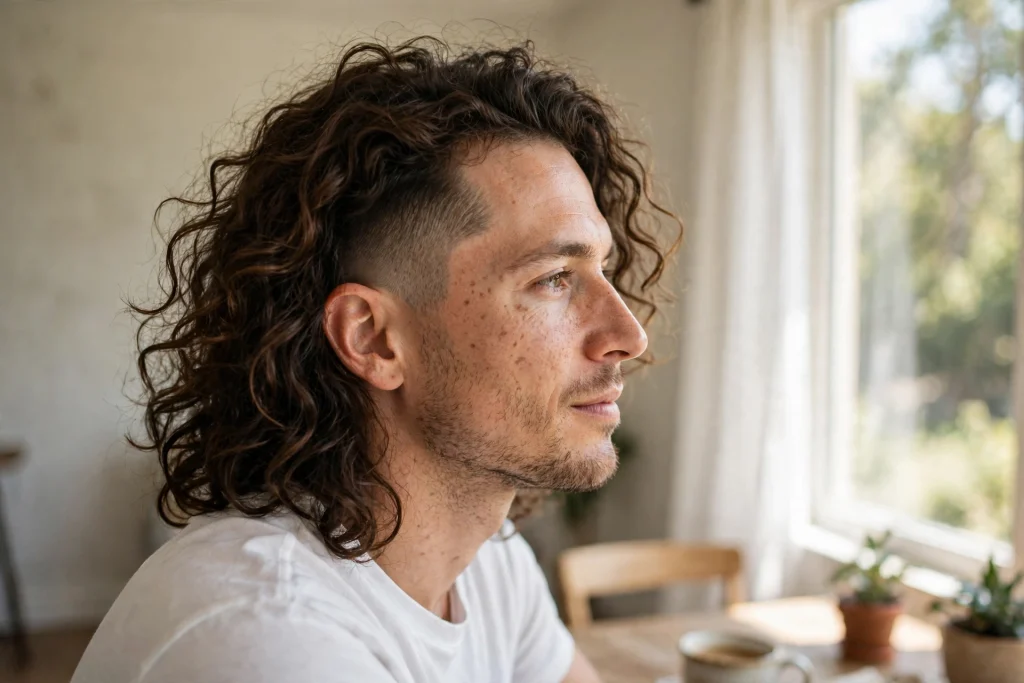 man with long loose curls and low fade, indoors by bright window, three-quarter view, soft natural light