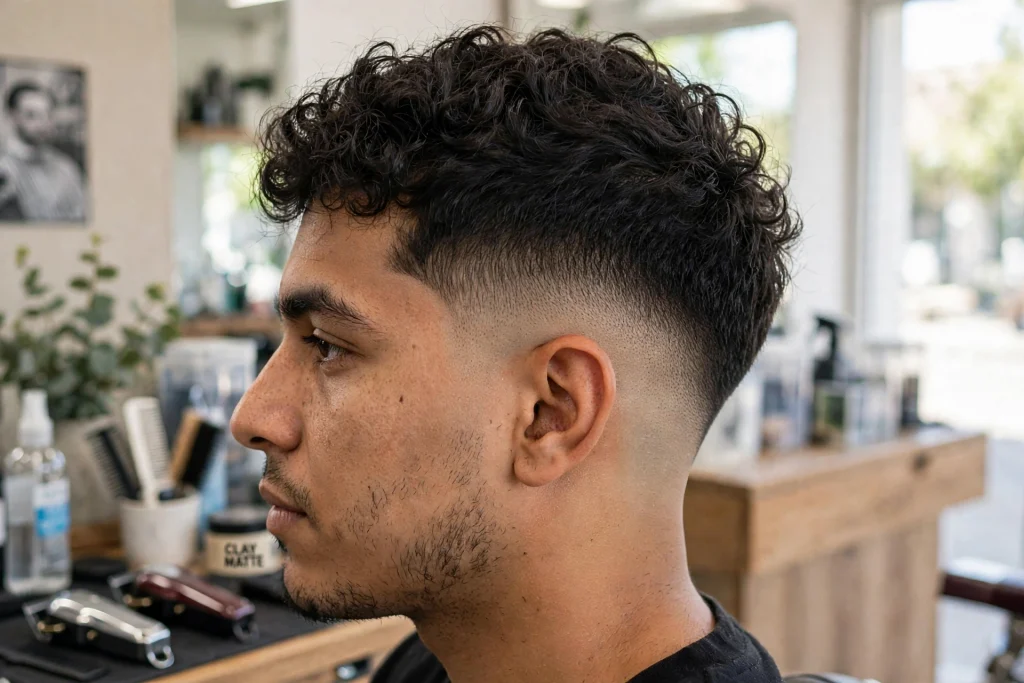 close-up side view of man with curly top and drop fade, bright barbershop, daylight, curved fade line