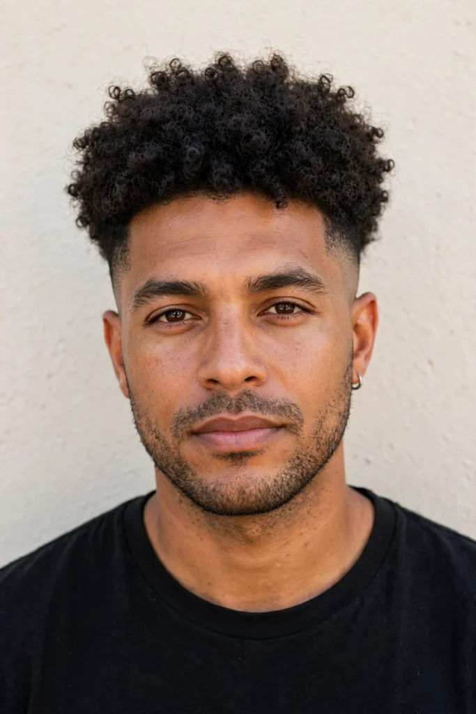 man with curly afro top and faded sides, outdoors plain light wall, front view, bright even lighting