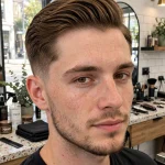 young adult man with neat classic side part and tapered sides, bright modern barbershop, front three-quarter view, natural daylight