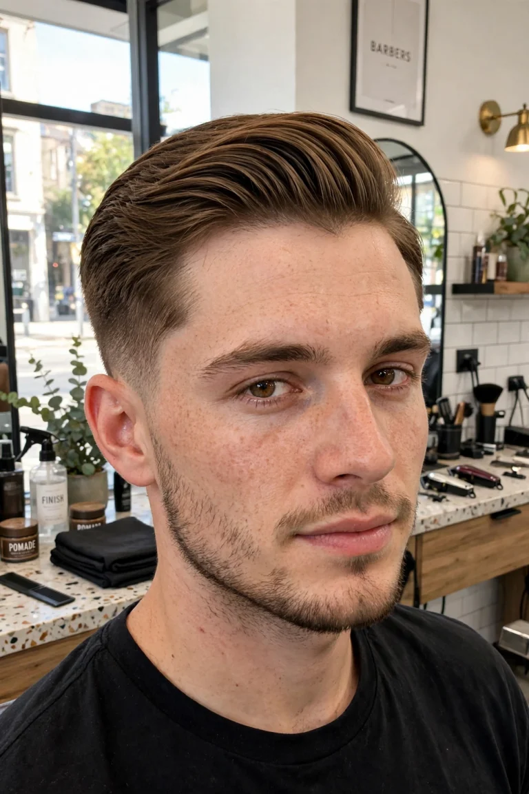 young adult man with neat classic side part and tapered sides, bright modern barbershop, front three-quarter view, natural daylight