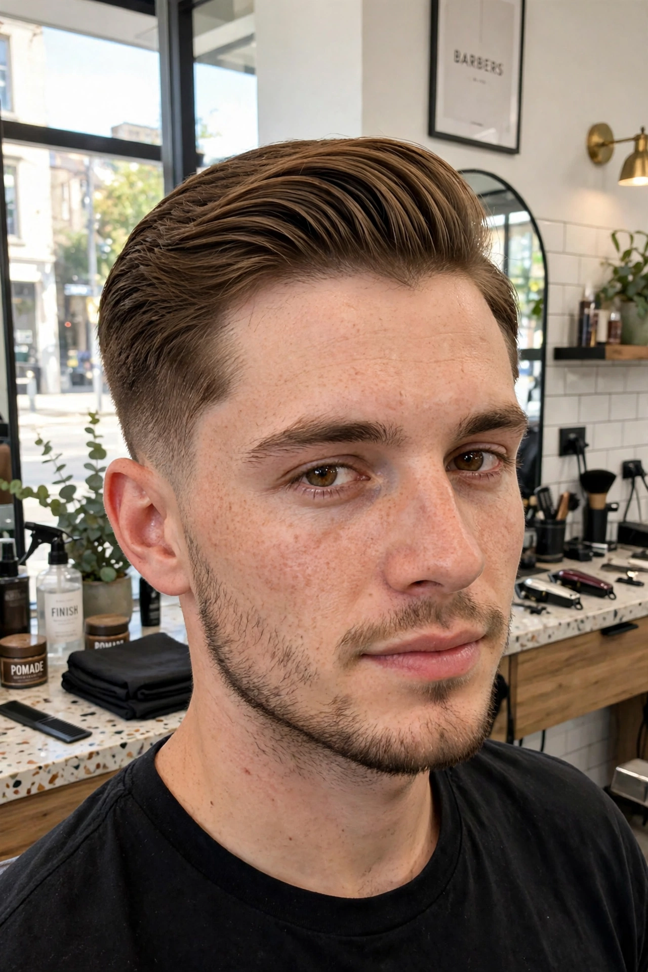young adult man with neat classic side part and tapered sides, bright modern barbershop, front three-quarter view, natural daylight