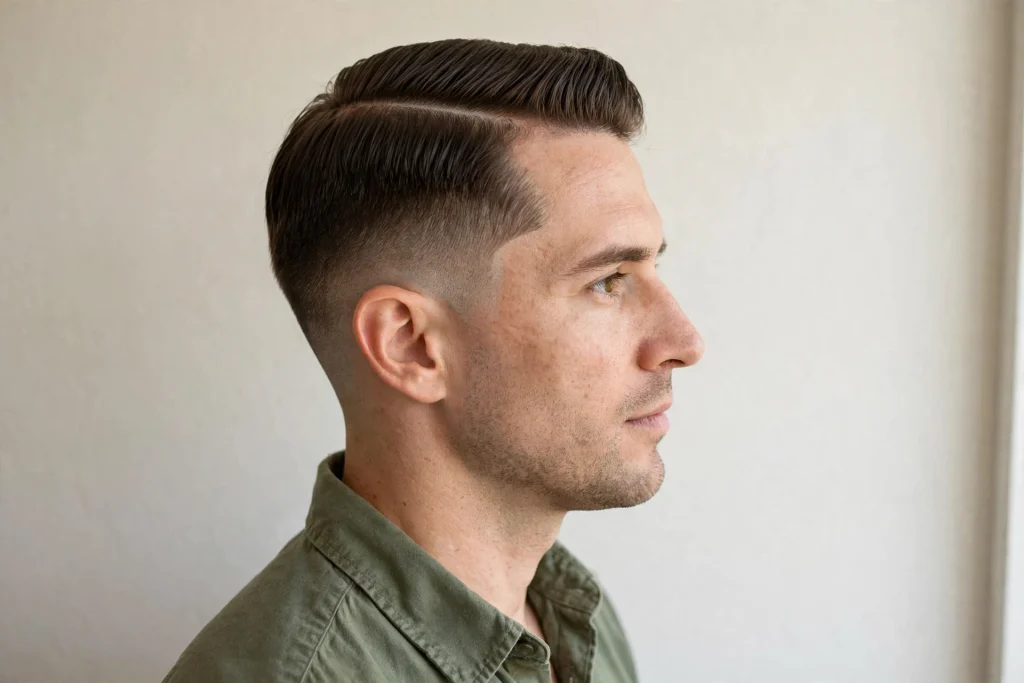 man with side part and low fade, smart casual shirt, indoors plain light wall, side view showing part line