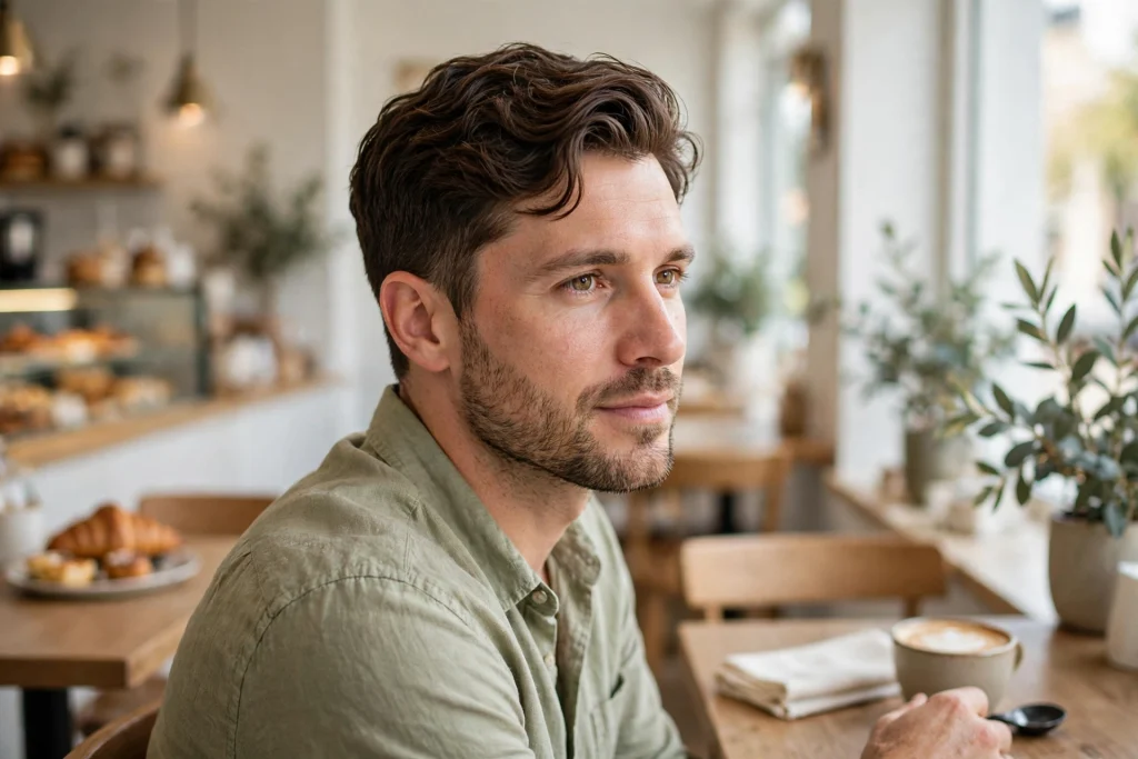 man with textured side part and wavy top, bright cafe, three-quarter view, soft natural light