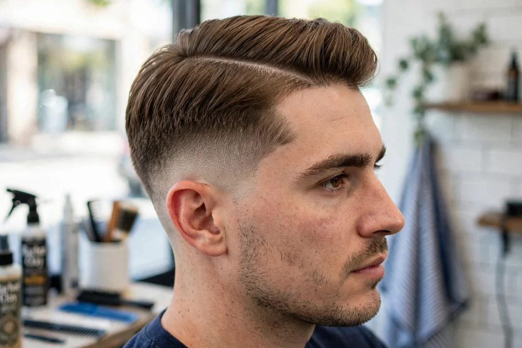 close-up side view of man with side part and hard part line, bright barbershop, daylight, shaved part and faded sides