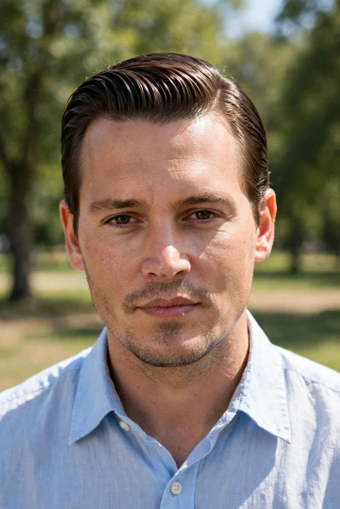 man with classic side part and slicked top, outdoors bright daylight, front view