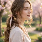 Young woman with long soft blossom waves and a slim blush ribbon tied at her low ponytail, standing in a bright spring garden with cherry blossom trees in soft focus, gentle morning sunlight.