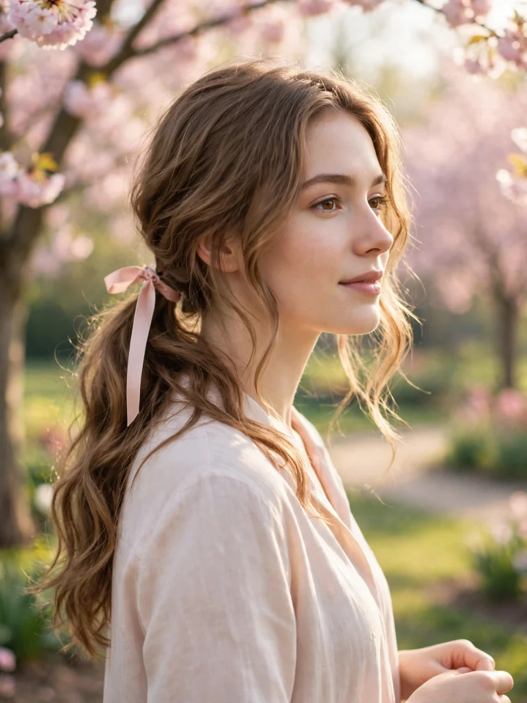 Young woman with long soft blossom waves and a slim blush ribbon tied at her low ponytail, standing in a bright spring garden with cherry blossom trees in soft focus, gentle morning sunlight.
