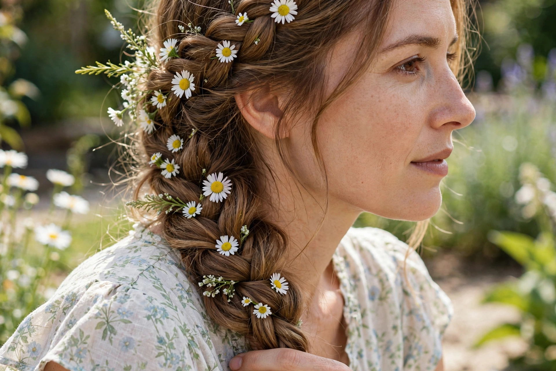 Woman with a loose floral crown braid decorated with small white daisies, wearing a light floral dress, photographed outdoors in a sunny garden, close side-angle shot focusing on the braid detail.