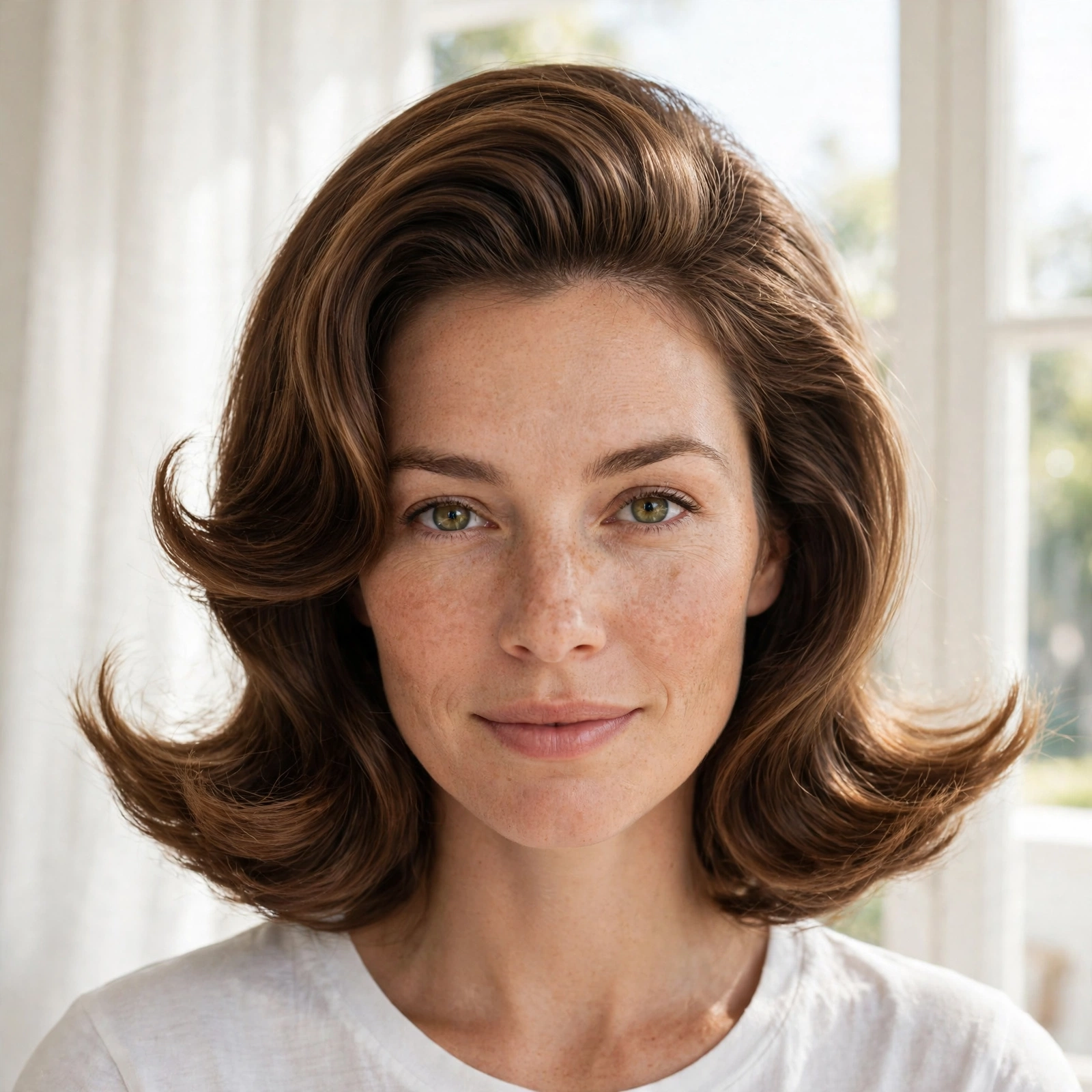 Woman with a sleek flip blowout and bouncy outward-flicked ends, standing near a bright window with sheer curtains, front-facing shot from the shoulders up.