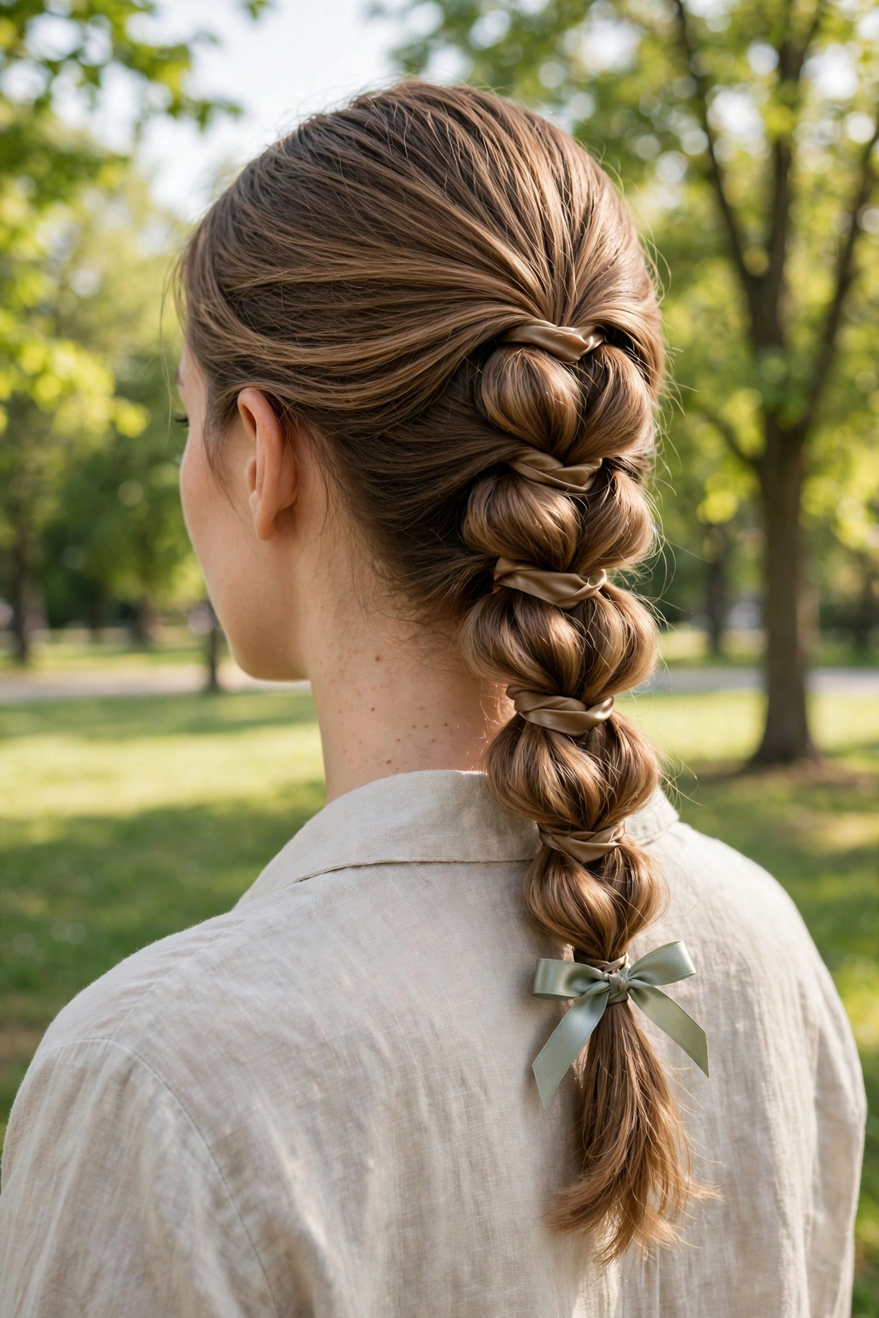Woman with a satin bubble braid and a small satin ribbon at the end, shown from behind at a slight angle in a bright park setting with green trees.