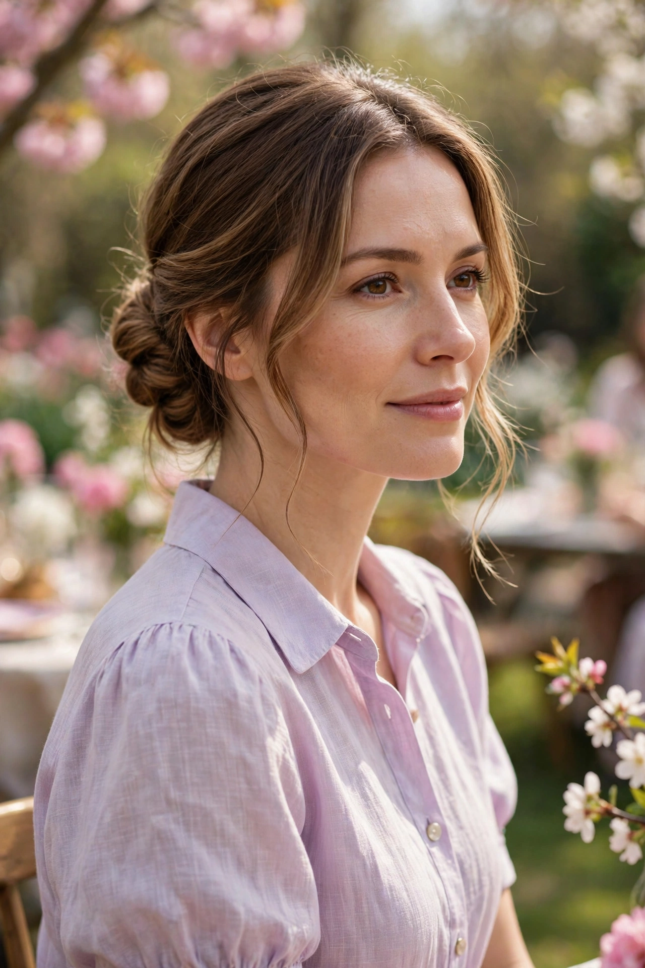 Woman with a low garden party chignon and loose face-framing tendrils, wearing a pastel spring outfit, photographed at an outdoor spring gathering with blurred flowers in the background.
