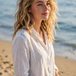 Young woman with effortless salt-spray beach waves and sun-kissed loose texture, standing on a bright sandy beach with soft blue sea behind her, golden afternoon sunlight.