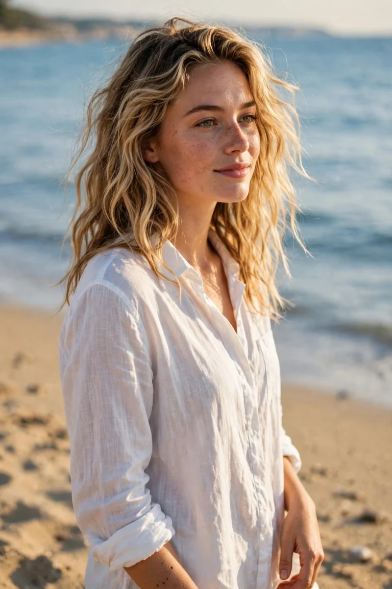 Young woman with effortless salt-spray beach waves and sun-kissed loose texture, standing on a bright sandy beach with soft blue sea behind her, golden afternoon sunlight.