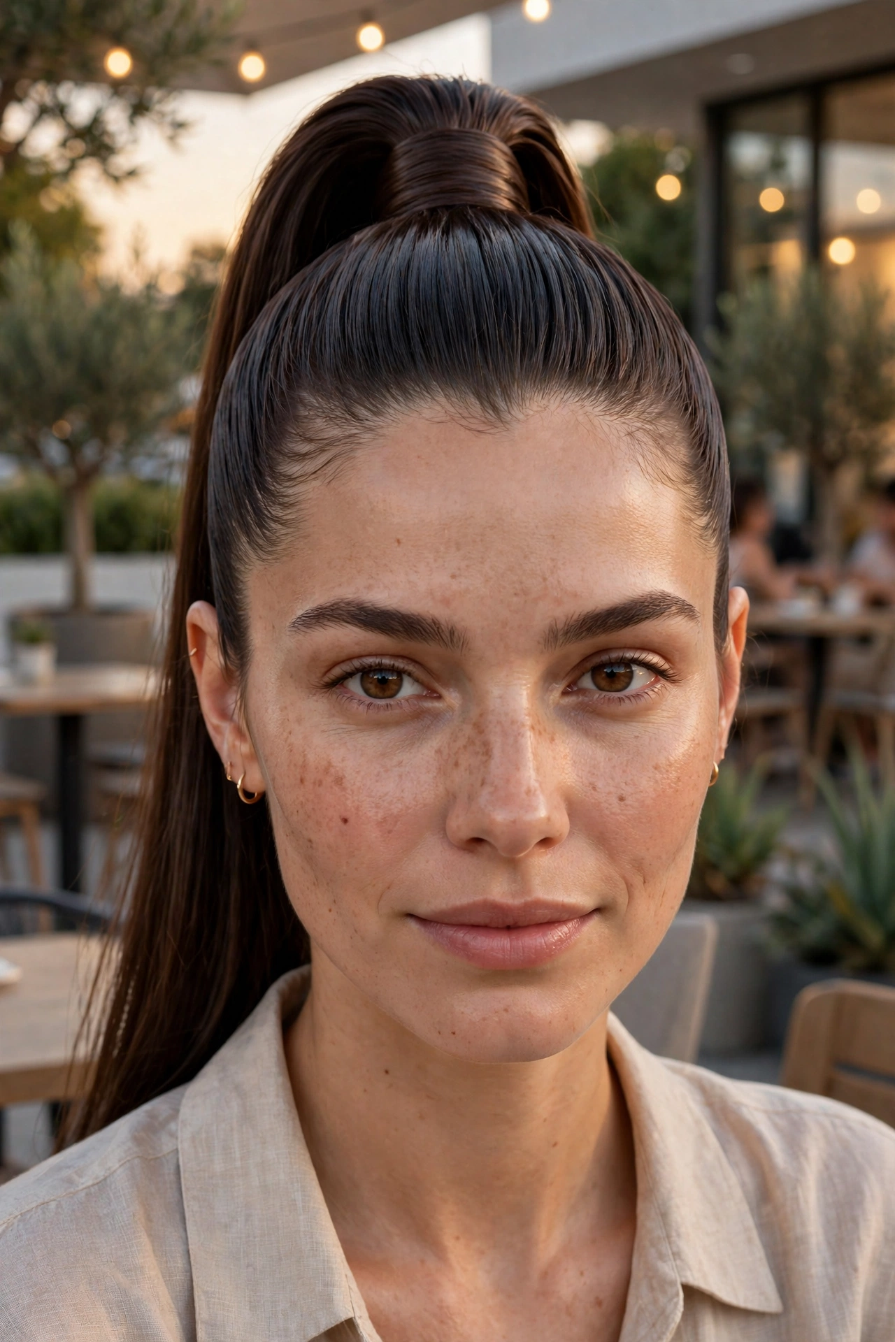 Woman with a sleek glass ponytail and glossy smooth hair, standing in a bright modern outdoor cafe in summer, soft evening light, front-facing shot from the shoulders up.