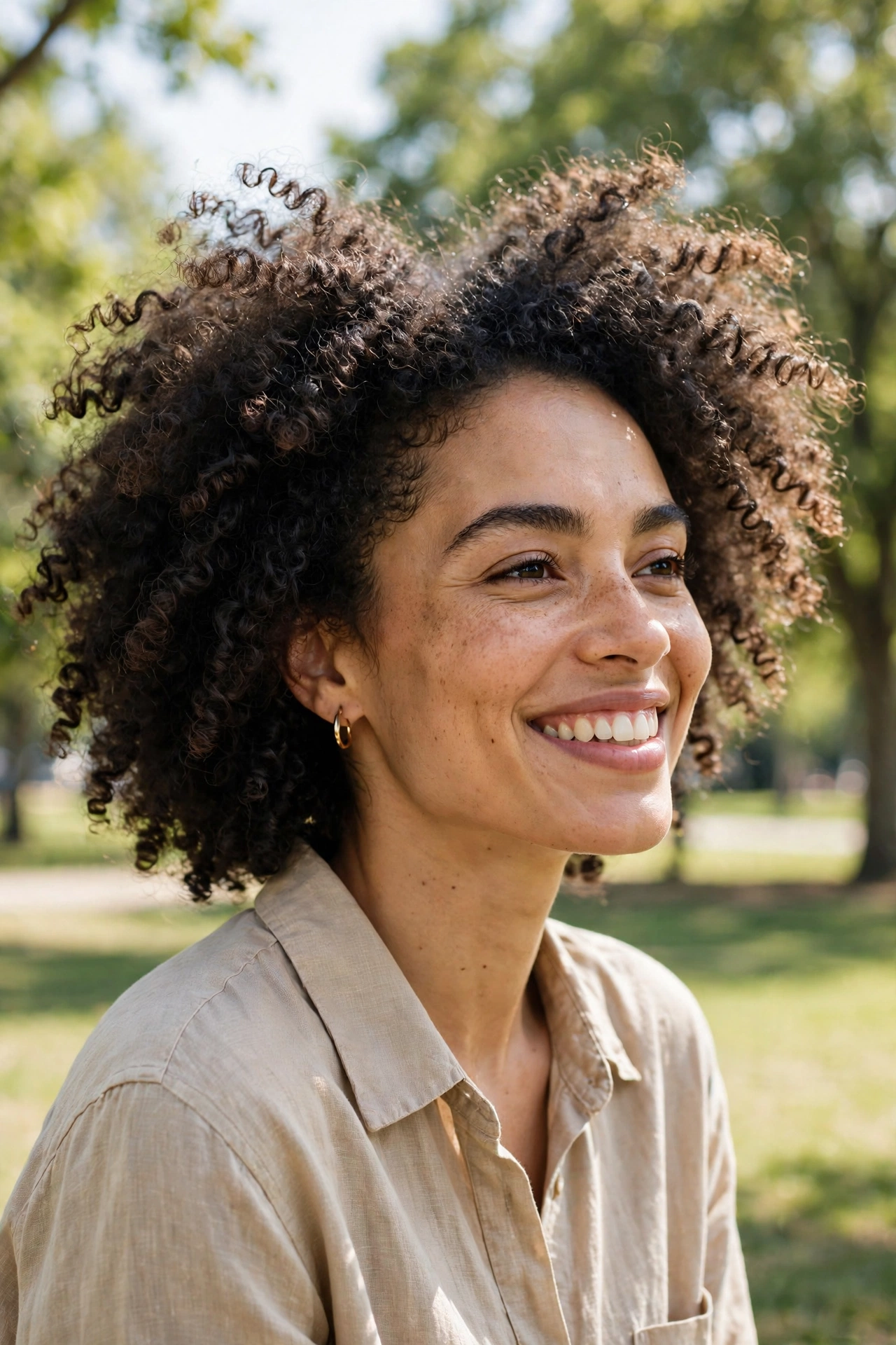 Woman with voluminous natural curls and joyful texture, photographed in a bright sunny park with green trees in soft focus, midday sunlight.
