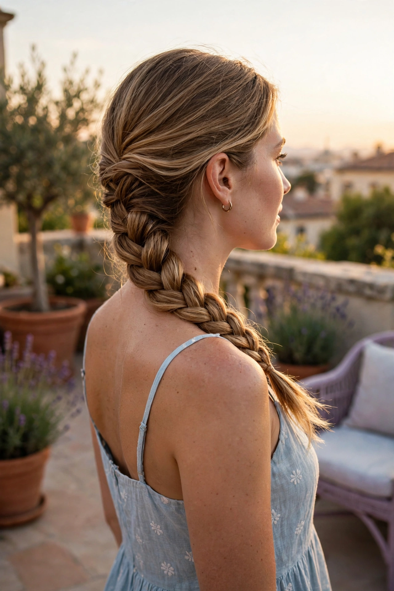 Woman with a fishtail braid worn over one shoulder for a summer evening, wearing a light sundress, photographed on a bright terrace at golden hour, back three-quarter angle showing the braid detail.