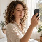 Young woman with soft heatless overnight curls and bouncy natural volume, standing in a bright modern bedroom with morning sunlight coming through a window, holding a phone as if about to take a photo.